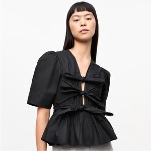 GANNI Black Stretch Cotton Tie Strap Blouse
